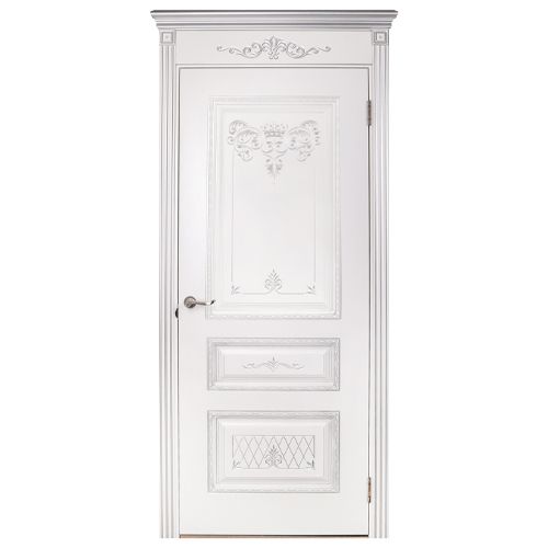 МЕЖКОМНАТНАЯ ДВЕРЬ UNIK ТРИО КОРОНА БЕЛАЯ  ПАТИНА СЕРЕБРО ГЛУХАЯ